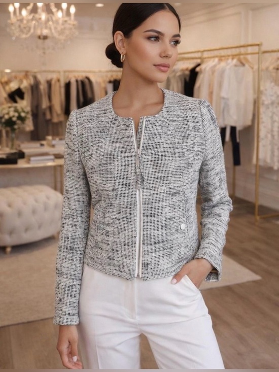 H&M Jackets & Blazers - H&M Tweed Zip Front Jacket Size 4 Black White Textured Blazer Chic Classic